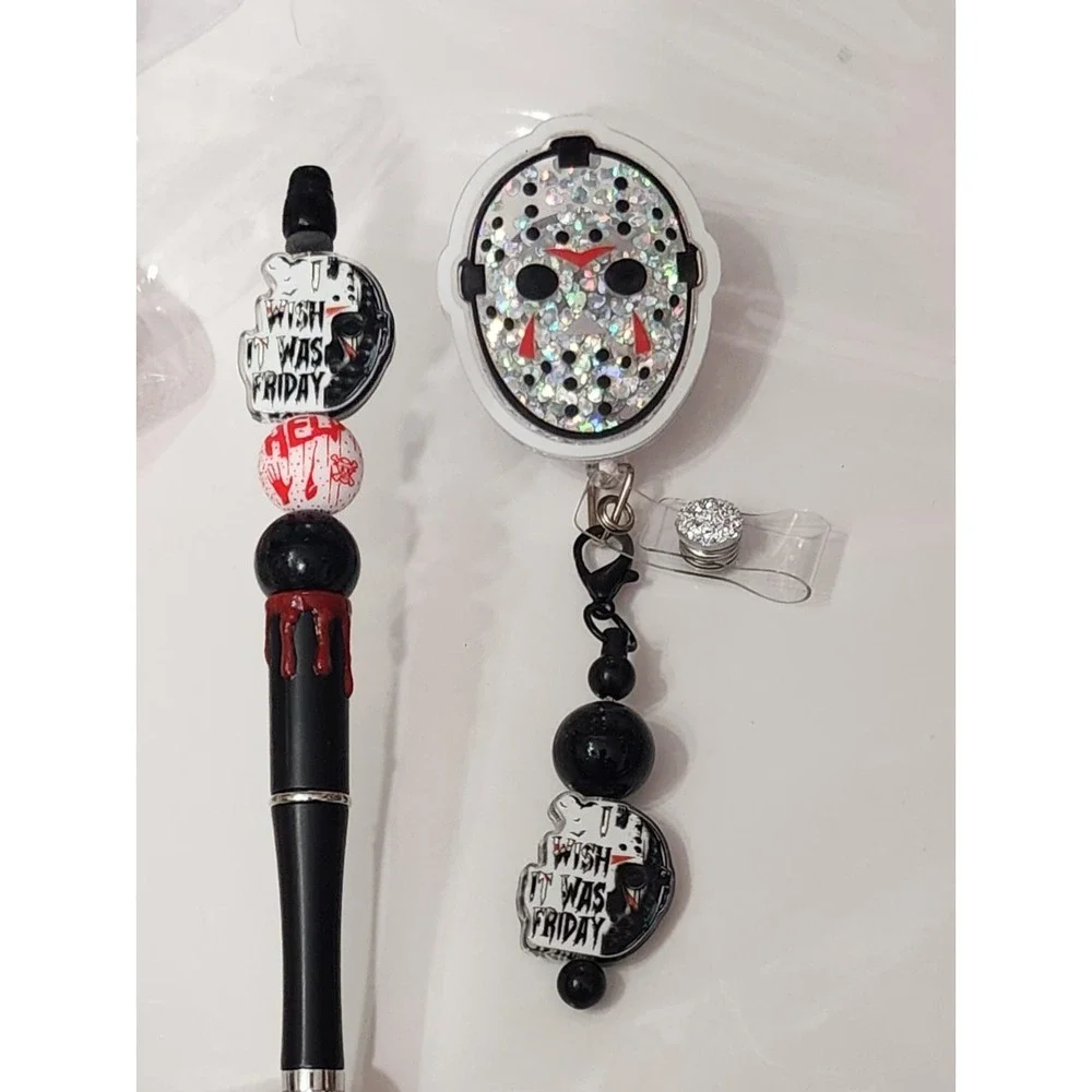 Badge Pen Bundle Horror Beaded Pen Alligator Clip ID Holder Halloween Fall Gift